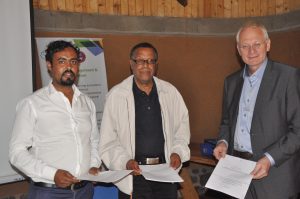Professor Negusssie Reta (2rd from left) and Mr. Hollhuber on behalf (3rd), AWF, after siging Aide Memoire
